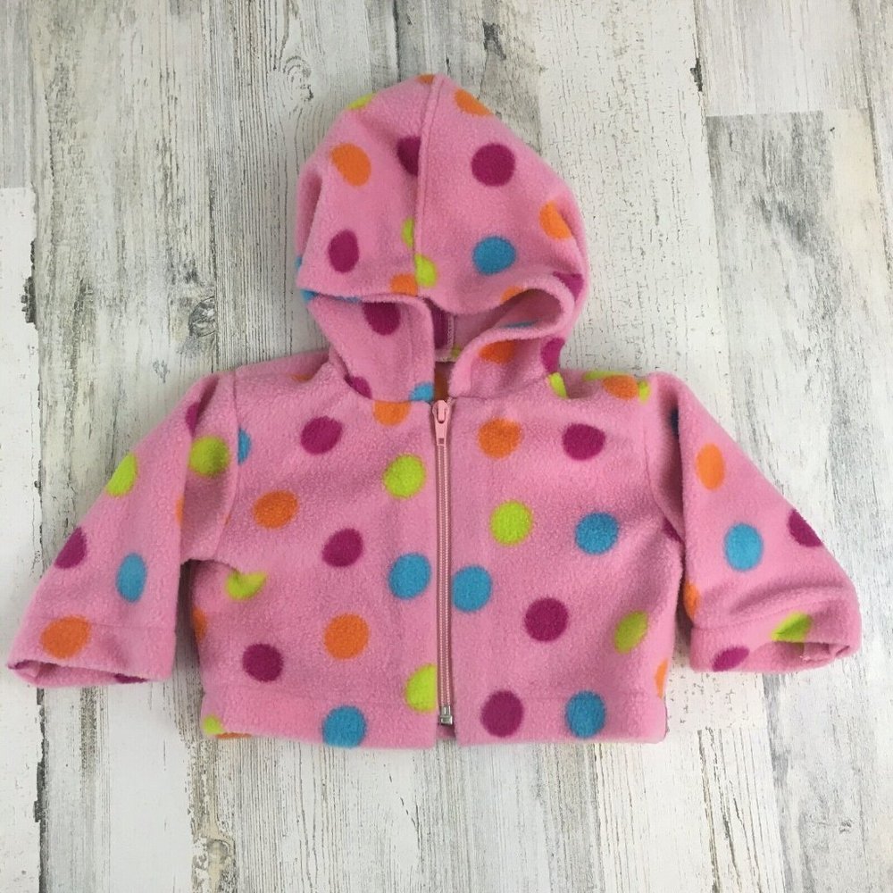 Handmade Baby Girls Pink Polka Dot Fleece Zip Up Hooded Jacket Sz 3 to 6 M